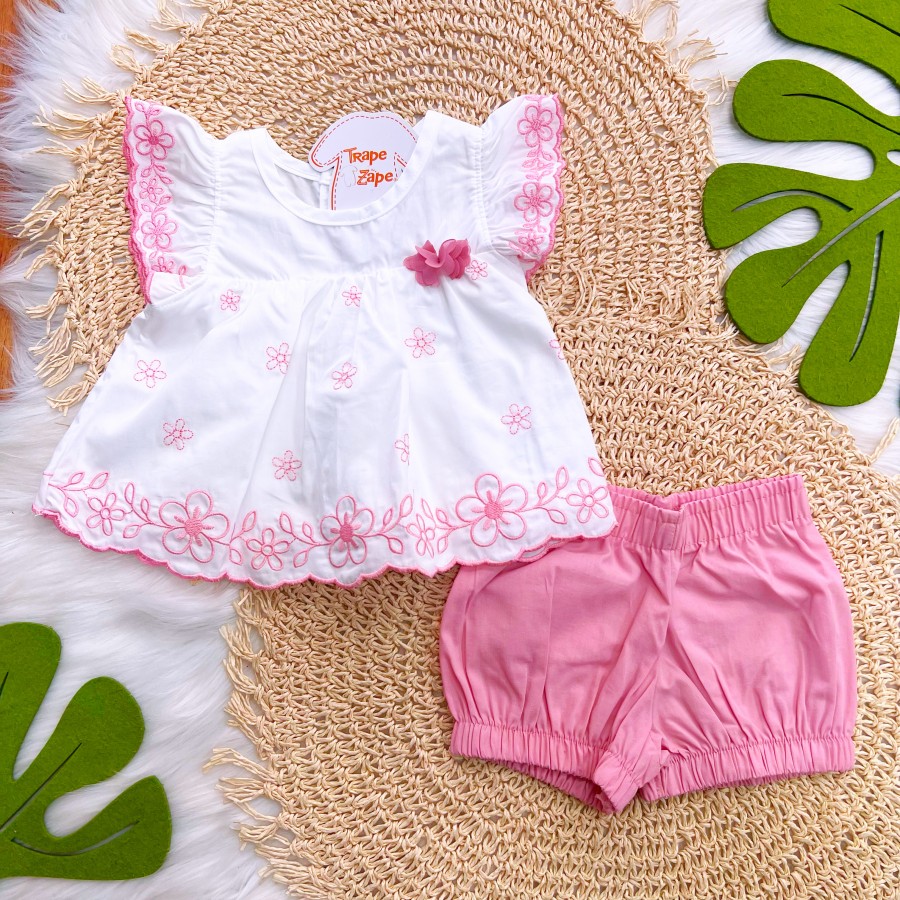 Conj. Batinha com Flores em Lese Bordado e Short - Off White e Rosa
